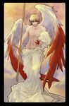  angel angel_wings apple art_nouveau blonde_hair cross fate/stay_night fate_(series) food fruit full_body gilgamesh groin highres long_hair male_focus red_eyes robe shirtless smile solo tarot vetania wings 