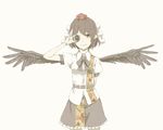  arm_behind_back black_wings blouse brown_eyes brown_hair camera_lens feathered_wings hat holding kawashina_(momen_silicon) leaf_print looking_at_viewer neck_ribbon pointy_ears pom_pom_(clothes) ribbon shameimaru_aya simple_background smile solo spread_wings tokin_hat touhou white_background wings 