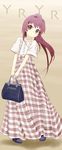  bag brown_eyes buttons dress glenn_(600224) hair_intakes handbag highres long_image plaid plaid_skirt purple_hair skirt solo sugiura_ayano tall_image v_arms yuru_yuri 