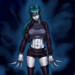  abs aura bad_id bad_pixiv_id between_fingers breasts crop_top cropped_jacket dual_wielding green_hair holding knife large_breasts long_hair midriff mouth_hold navel o_pandamu. pale_skin short_shorts shorts solo thighhighs triple_wielding yurikawa_saki zombie zombie-ya_reiko 