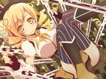  black_legwear blonde_hair blush boots drill_hair gun hat koumei_(harmonizer) lying magical_musket mahou_shoujo_madoka_magica skirt smile solo striped striped_legwear thighhighs tomoe_mami twin_drills twintails vertical-striped_legwear vertical_stripes weapon yellow_eyes 