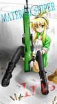  alice360 bad_id bad_pixiv_id black_legwear blonde_hair boots bullet character_name copyright_name cross-laced_footwear ear_protection gloves green_eyes gun highres iris_(material_sniper) jacket lace-up_boots material_sniper open_clothes open_jacket rifle scope shell_casing shorts sleeves_rolled_up sniper_rifle solo tank_top thighhighs weapon 