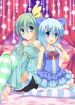  alternate_costume bad_id bad_pixiv_id bare_shoulders blue_eyes blue_hair blue_legwear blush bow bracelet cirno daiyousei dress fujisaki_kaon garter_straps green_hair green_legwear hair_bow hairband jewelry long_hair multiple_girls necklace short_hair shorts sitting smile striped striped_legwear thighhighs touhou 