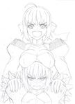  absurdres ahoge anger_vein angry armor artoria_pendragon_(all) breast_envy breast_rest breasts breasts_on_head cleavage dress epaulettes fate/extra fate/stay_night fate_(series) graphite_(medium) hair_ribbon hands_on_shoulders highres juliet_sleeves long_sleeves medium_breasts multiple_girls nekolog nero_claudius_(fate) nero_claudius_(fate)_(all) open_mouth puffy_sleeves ribbon saber smile traditional_media 
