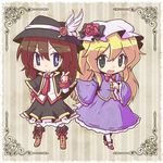  :d blonde_hair blue_eyes boots brown_hair capelet chibi flower fushigi_ebi green_eyes hat hat_flower maribel_hearn multiple_girls necktie open_mouth smile striped striped_background touhou usami_renko vertical-striped_background vertical_stripes 