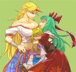 adapted_costume arm_warmers bare_shoulders between_breasts blonde_hair bow bracelet breast_smother breasts chamaruku confrontation dress fingernails front_ponytail girl_sandwich green_background green_eyes green_hair hair_bow hair_ornament hair_ribbon head_hug horn hoshiguma_yuugi hug jewelry kagiyama_hina large_breasts long_hair looking_at_another midriff mizuhashi_parsee multiple_girls navel open_mouth pointy_ears red_dress red_eyes ribbon sandwiched scarf sharp_fingernails short_hair simple_background skirt tears touhou 