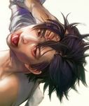  :p black_hair brown_eyes emiya_kiritsugu facial_hair fate/zero fate_(series) from_above hand_on_forehead katekari_yuusuke looking_up male_focus realistic stubble tongue tongue_out 