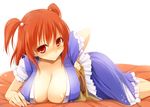  areola_slip areolae blush breasts cleavage hair_bobbles hair_ornament huge_breasts kurikara lying on_stomach onozuka_komachi red_eyes red_hair short_hair smile solo touhou two_side_up 