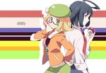  1girl adjusting_eyewear ahoge back-to-back bel_(pokemon) beret black_hair blonde_hair brown_eyes cheren_(pokemon) copyright_name glasses green_eyes hat hat_ribbon holding holding_poke_ball jacket necktie poke_ball pokemon pokemon_(game) pokemon_bw2 ribbon semi-rimless_eyewear shuri_(84k) smile under-rim_eyewear 