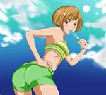  ass bent_over brown_eyes brown_hair candy food legs lollipop looking_at_viewer looking_back persona persona_4 popsicle satonaka_chie short_hair shorts solo suta_furachina tank_top twisted_torso 