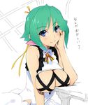  aquarion_(series) aquarion_evol blush breast_rest breasts dress green_hair hair_ribbon hand_on_own_cheek iizuki_tasuku large_breasts looking_at_viewer purple_eyes revealing_clothes ribbon short_hair sketch smile solo table zessica_wong 