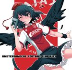  afc_ajax black_hair black_legwear black_wings camera clothes_writing feathered_wings feathers fujii_jun hat hat_ribbon looking_at_viewer one_eye_closed red_eyes ribbon shameimaru_aya shirt skirt skirt_lift smile soccer_uniform solo sportswear tokin_hat touhou wind wind_lift wings 