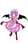  ascot bat_wings fang furagu highres no_hat no_headwear purple_eyes red_eyes remilia_scarlet short_hair skirt skirt_set slit_pupils solo touhou wings wrist_cuffs 