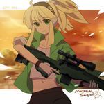  blonde_hair copyright_name dated ear_protection gloves green_eyes gun iris_(material_sniper) jacket material_sniper ponytail rifle scope short_hair sleeves_rolled_up sniper_rifle solo tako_niwa trigger_discipline weapon 
