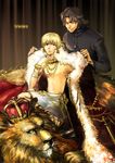  blonde_hair bracelet brown_hair cape copyright_name cross crown earrings fate/stay_night fate/zero fate_(series) gilgamesh jewelry kotomine_kirei lion male_focus multiple_boys necklace red_eyes rickar robe shirtless time_paradox 