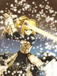  ahoge armor armored_dress artoria_pendragon_(all) blonde_hair dress excalibur fate/stay_night fate_(series) gauntlets green_eyes hair_ribbon highres light_particles ribbon saber solo sword weapon xingnai 