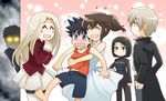  4girls ^_^ barefoot black_hair chibi child closed_eyes dress emiya_kiritsugu fate/zero fate_(series) glowing glowing_eyes hisau_maiya hug hug_from_behind irisviel_von_einzbern kotomine_kirei long_hair multiple_boys multiple_girls natalia_kaminski pantyhose rakutori shirley_(fate/zero) short_hair tank_top time_paradox white_hair younger 