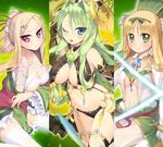  ;p amakusa_shirou_(sengoku_collection) between_breasts black_panties blonde_hair blue_eyes blush breast_hold breasts cleavage earrings flower garter_straps green_eyes green_hair hair_flower hair_ornament hairclip jewelry kashiwamochi_yomogi large_breasts long_hair looking_at_viewer multiple_girls navel one_eye_closed panties pink_eyes ponytail sarashi sengoku_collection shokatsu_koumei sidelocks sitting smile tattoo thighhighs tongue tongue_out tooyama_kagemoto_(sengoku_collection) underwear wariza white_legwear zettai_ryouiki 