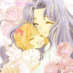  brown_hair cardcaptor_sakura choko_(cosi_cosi) closed_eyes dress flower kinomoto_nadeshiko kinomoto_sakura long_hair lowres mother_and_daughter multiple_girls purple_hair short_hair wings 