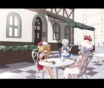  ascot bad_id bad_pixiv_id brick_wall cafe cake chair checkerboard_cookie chocolate_cake closed_eyes cookie cup drinking eating flandre_scarlet flower food fruit hat izayoi_sakuya kuromari_(runia) letterboxed maid maid_headdress multiple_girls open_mouth outdoors pavement plate puffy_short_sleeves puffy_sleeves red_eyes remilia_scarlet shoes short_hair short_sleeves silver_hair sitting slice_of_cake socks strawberry strawberry_shortcake table teacup teapot touhou tray 