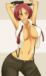  armpits bad_id bad_pixiv_id bare_shoulders blush breasts covered_nipples highres large_breasts mature midriff momo_765 navel necktie necktie_removed open_clothes open_shirt pants red_hair shirt short_hair solo suspenders the_king_of_fighters vanessa_(king_of_fighters) 