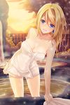  arm_behind_back banned_artist bare_shoulders blonde_hair blue_eyes breasts collarbone earrings hair_between_eyes holding jewelry long_hair lowres onsen open_mouth reum rose_pacifica small_breasts smile solo standing sword_girls towel wet 