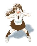  :d arms_up blush brown_eyes brown_hair highres iro_(waterloafer) long_hair necktie open_mouth original school_uniform shouting smile solo sweater_vest 