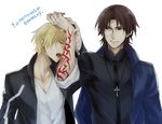  blonde_hair brown_eyes brown_hair command_spell cross cross_necklace fate/stay_night fate_(series) gilgamesh jacket jewelry kotomine_kirei licking male_focus multiple_boys necklace off_shoulder red_eyes white_background xia_(ryugo) yaoi 