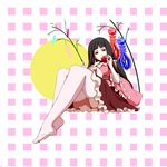  black_hair branch candy_apple dearmybrothers food highres holding houraisan_kaguya long_hair looking_at_viewer no_shoes pantyhose sitting smile solo thighhighs touhou white_legwear yellow_eyes 