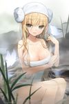  \m/ arm_up bare_shoulders blonde_hair breast_hold breasts bug butterfly cleavage collarbone green_eyes hat helena_k_sink insect large_breasts legs long_hair lowres naked_towel onsen open_mouth salt_(salty) sitting smile solo sword_girls thighs towel very_long_hair water wet 