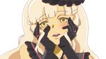  blonde_hair face gloves gothic gothic_lolita hands_on_own_cheeks hands_on_own_face lolita_fashion long_hair mayu_(vocaloid) open_mouth parody portrait smile vocaloid yandere_trance yellow_eyes 