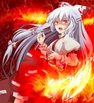  bad_id bad_pixiv_id bow e.o. fire fujiwara_no_mokou grey_hair hair_bow hair_ribbon highres long_hair open_mouth pants red_eyes ribbon solo suspenders touhou 