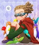  animal bird blush brown_hair cape full_body goggles hairlocs heart inazuma_eleven inazuma_eleven_(series) kidou_yuuto long_hair male_focus maron_(quintet_colors) musical_note penguin soccer_uniform sportswear surprised sweat 