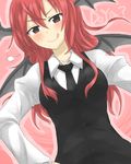  &gt;:) :q bat_wings blush buttons dress_shirt dutch_angle english hand_on_hip head_wings koakuma long_hair long_sleeves naughty_face necktie nobamo_pieruda red_eyes red_hair shirt smile smirk solo tongue tongue_out touhou v-shaped_eyebrows vest white_shirt wings 