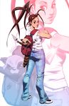  ass backpack bag casual denim don_(street_fighter) ibuki_(street_fighter) jeans kunai long_hair looking_back pants robert_porter street_fighter street_fighter_iii_(series) tanuki weapon zoom_layer 