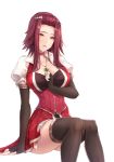  breasts choker commentary_request commission dress elbow_gloves fingerless_gloves gloves izayoi_aki jewelry korean_commentary large_breasts limeblock long_hair looking_at_viewer necklace orange_eyes parted_lips red_dress red_hair short_hair_with_long_locks sitting thighhighs thighs yuu-gi-ou 