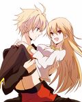  1girl arthur_pendragon_(fate) black_legwear blonde_hair carrying casual fang fate/prototype fate/zero fate_(series) genderswap genderswap_(ftm) genderswap_(mtf) gilgamesh green_eyes long_hair princess_carry red_eyes ryoku_(yoridori) short_hair thighhighs 