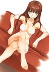  akanagi aozaki_aoko barefoot bikini blue_eyes blush breasts brown_hair cleavage couch crossed_legs dutch_angle feet grin hair_intakes large_breasts legs long_hair looking_at_viewer mahou_tsukai_no_yoru simple_background sitting smile solo swimsuit 