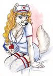  blue_eyes canine caribou_(artist) clipboard clothed clothing dog eyewear female fishnet glasses legwear looking_at_viewer mammal medical nurse nurse_hat sara_palmer seductive skimpy solo stockings uniform 