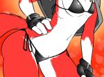  2018 4_fingers abstract_background alternate_species anthro bikini breasts canine cinnamon_swirl_(fox_form) clothed clothing duckdraw female fingerless_gloves fox fur gloves hand_on_hip mammal navel nipple_bulge pose red_fox red_fur skimpy small_breasts solo string_bikini swimsuit torso_shot white_fur 