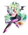  aqua_eyes bad_id bad_pixiv_id barcode barcode_tattoo bare_shoulders bodysuit breasts cherrypin cleavage demon_horns demon_wings drill_hair green_hair high_heels horns long_hair magazine medium_breasts open_mouth original reading shoes solo tattoo twintails wings 