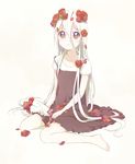  barefoot bouquet dress flower holding long_hair namori original petals red_eyes red_flower red_rose rose rose_petals simple_background sitting solo wariza white_background white_hair 