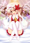  ascot bad_id bad_pixiv_id bed blonde_hair bug butterfly canopy_bed error fangs flandre_scarlet hat hat_ribbon head_tilt highres insect no_shoes on_bed open_mouth pillow red_eyes ribbon rikatan shirt side_ponytail sitting skirt skirt_set smile solo sparkle thighhighs touhou white_legwear wings 