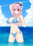  arm_up bare_shoulders bikini blue_sky bracelet breast_lift breasts cleavage cloud condensation_trail day headphones jewelry kai_(link2262) large_breasts light_smile long_hair looking_at_viewer navel necklace nitroplus pink_hair print_bikini red_eyes shiny shiny_skin side-tie_bikini sky solo star star_print strap_gap super_sonico swimsuit wading water wristband 