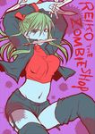  blue_eyes blue_skin breasts crop_top cropped_jacket garter_straps green_hair knife large_breasts long_hair midriff mouth_hold short_shorts shorts solo sumomo1624 thighhighs triple_wielding yurikawa_saki zombie zombie-ya_reiko 