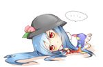  :&lt; blue_hair chibi dress food fruit hat hinanawi_tenshi long_hair peach red_eyes solo sword_of_hisou tosura-ayato touhou white_background 