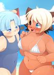  big_breasts bikini blue_eyes blue_hair breasts chubby clothed clothing eye_patch eyewear feline female hair mammal mcdonnell-douglas overweight skimpy sky small_breasts swimsuit tail_concerto 
