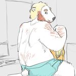 bear beard blonde_hair chubby clothed clothing computer dressing facial_hair hair half-dressed looking_back male mammal polar_bear simple_background sketch solo underwear unknown_artist 