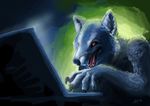  canine claws computer fur laptop mammal nerevar open_mouth red_eyes solo tongue white wolf 