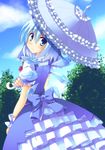  adapted_costume bad_id bad_pixiv_id blue_dress blue_eyes blue_hair blue_sky bow cirno cloud day dress frills from_behind fujisaki_kaon gothic_lolita hair_bow light_smile lolita_fashion looking_back parasol short_hair sky solo touhou tree umbrella wings wrist_cuffs 